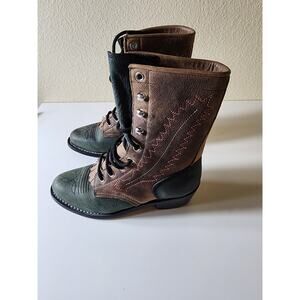 JAMA Brown Western Roper Work Boot Decorative Stitching & Fringe SZ 35 (US 5)